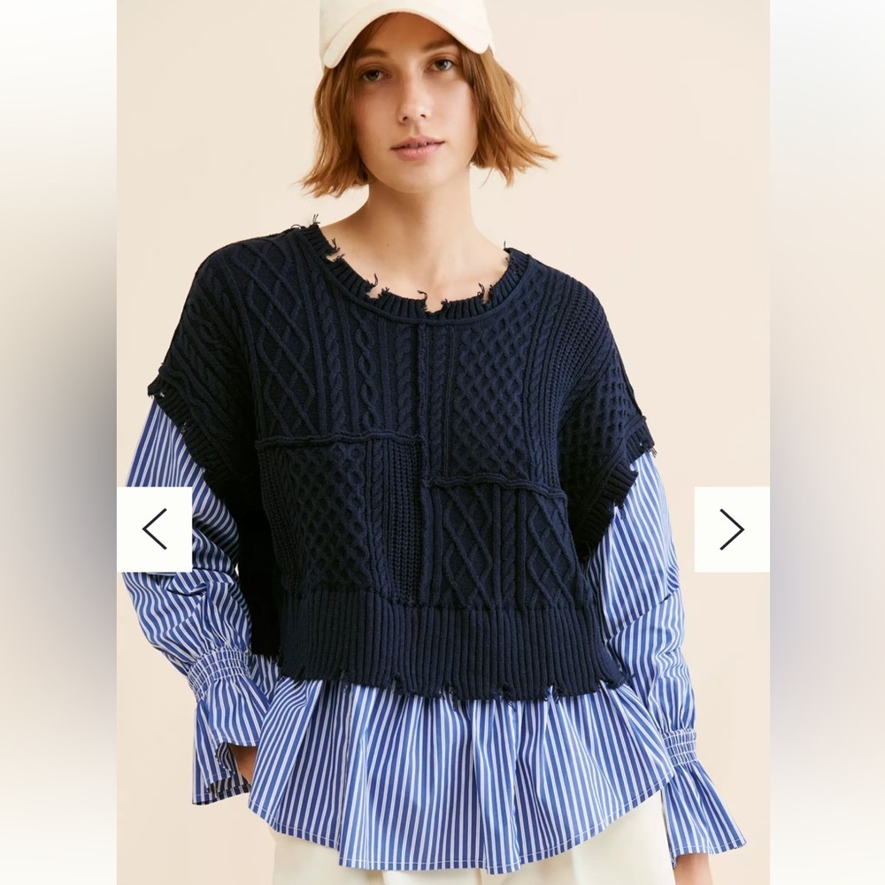 Anthropologie Avantlook Striped Splicing Crew Neck Top Navy XS (Oversized Fit)